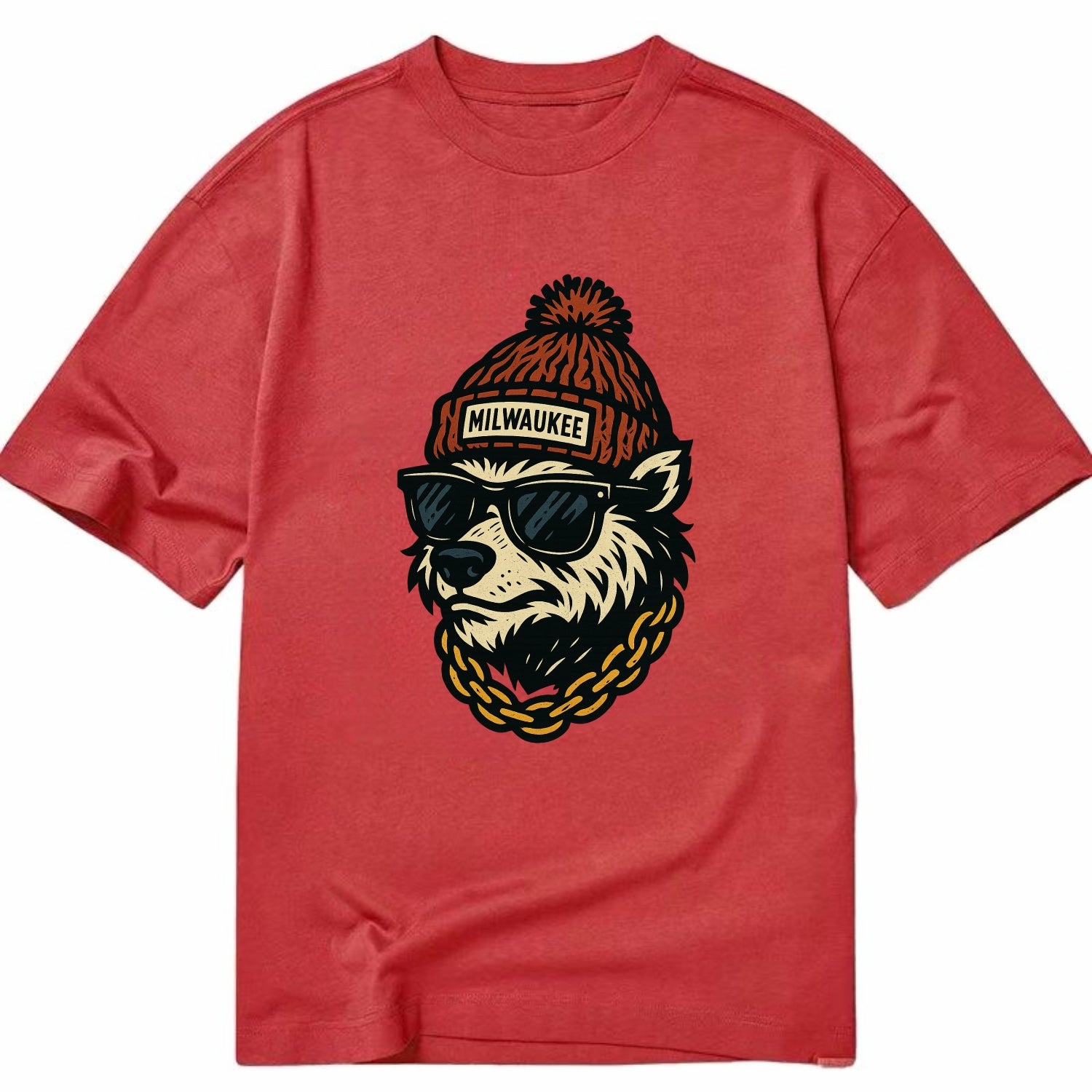 Milwaukee Badger wearing Milwaukee beanie with pom pom and wayfarer sunglasses - Classic T-shirt - Red