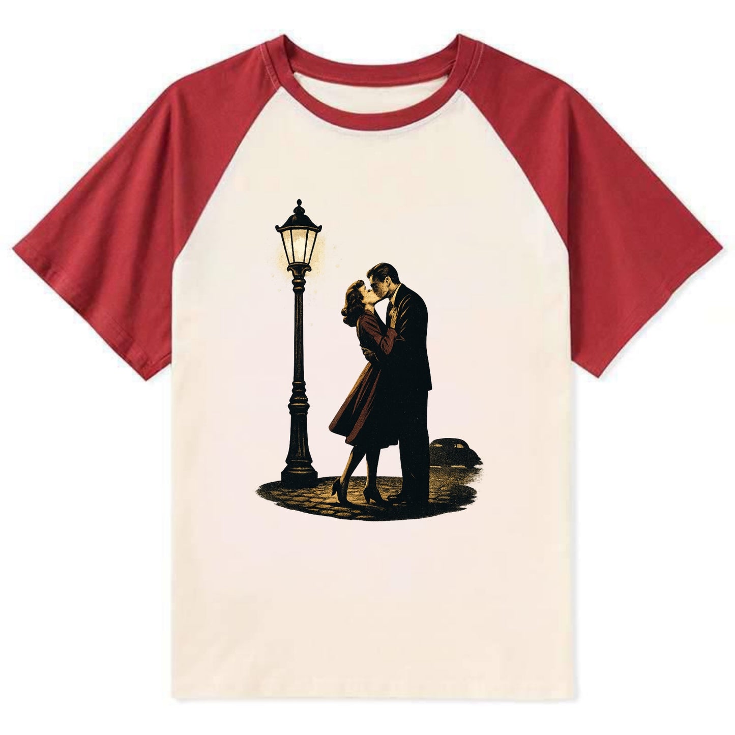 first kiss under vintage street lamp on cobblestone at night - Contrast Raglan T-shirt - Red