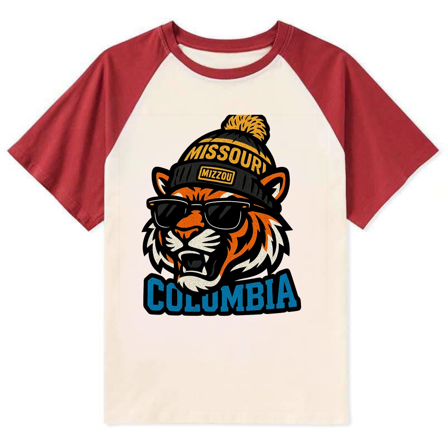 Columbia Tiger wearing Missouri beanie with Mizzou patch - Contrast Raglan T-shirt - Red
