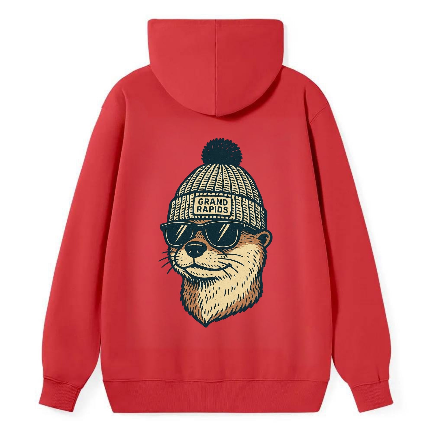 Grand Rapids River Otter wearing Grand Rapids beanie with pom pom and - Classic Pullover Hoodie - Red