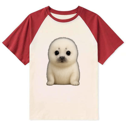 Baby Harp Seal - pure white fluffy fur, enormous dark eyes, front-facing, - Contrast Raglan T-shirt - Red