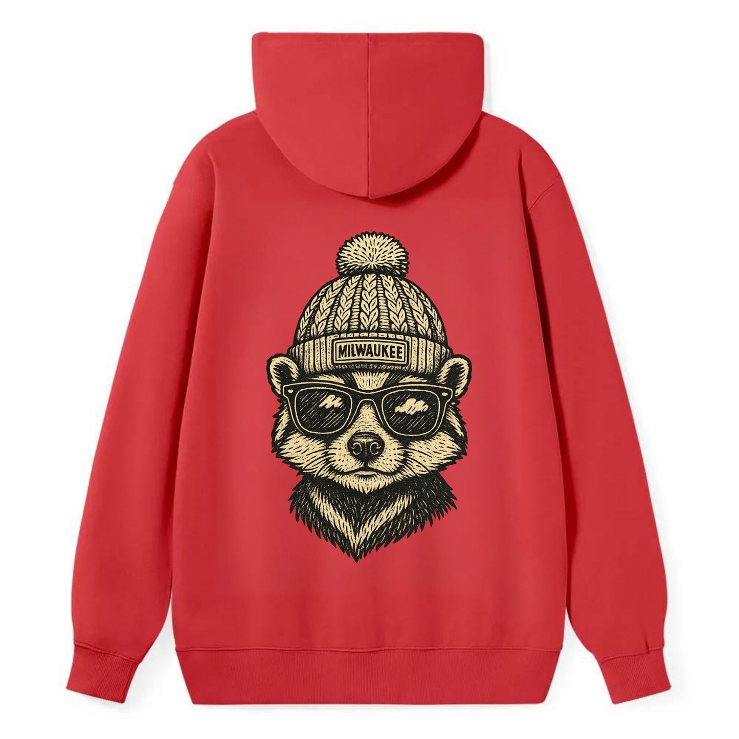 Wisconsin Badger wearing Milwaukee beanie with pom pom and wayfarer - Classic Pullover Hoodie - Red