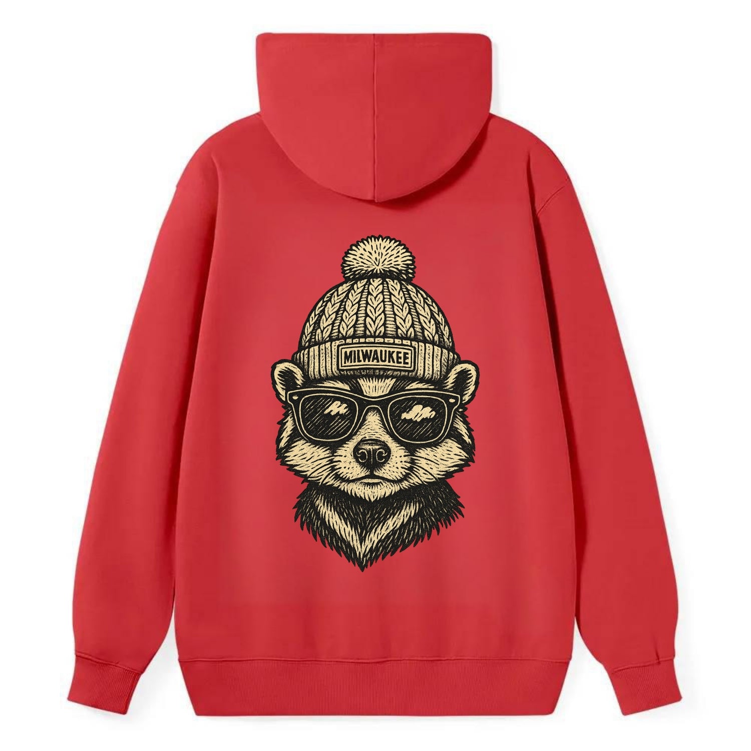 Wisconsin Badger wearing Milwaukee beanie with pom pom and wayfarer - Classic Pullover Hoodie - Red