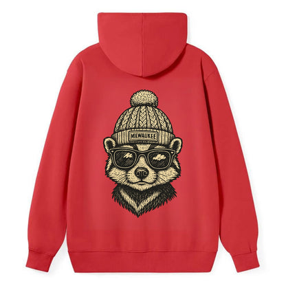 Wisconsin Badger wearing Milwaukee beanie with pom pom and wayfarer - Classic Pullover Hoodie - Red