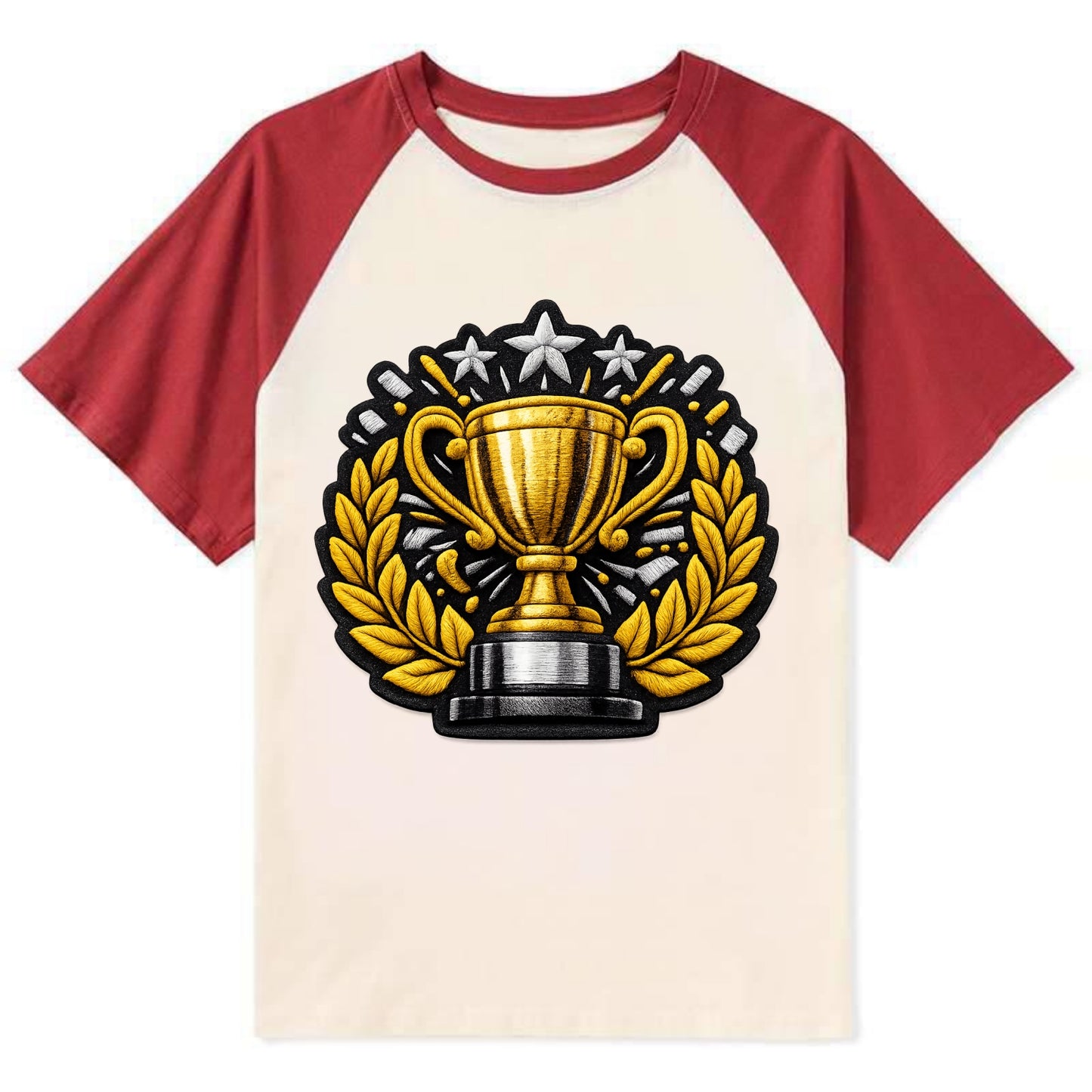 Embroidered patch design - CHAMPIONSHIP TROPHY - golden trophy cup with - Contrast Raglan T-shirt - Red