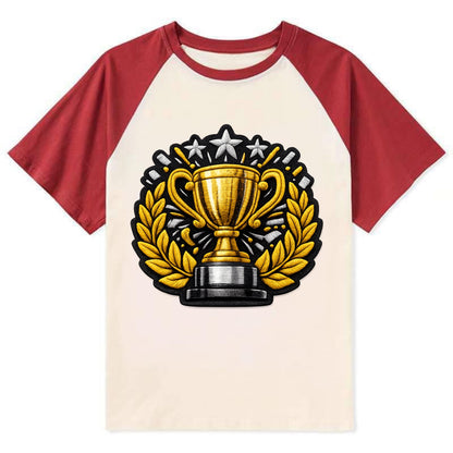 Embroidered patch design - CHAMPIONSHIP TROPHY - golden trophy cup with - Contrast Raglan T-shirt - Red