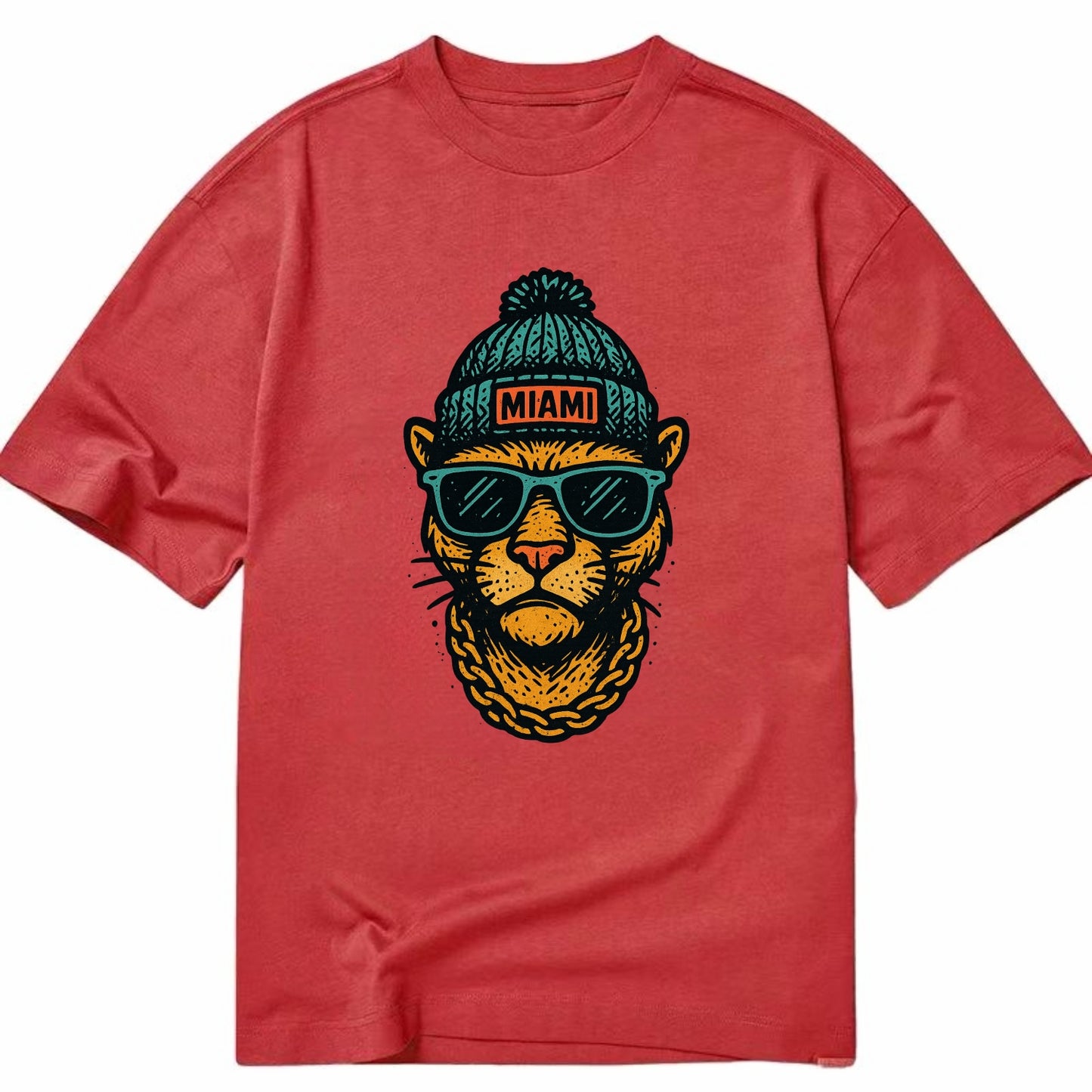 Florida Panther wearing Miami beanie with pom pom and wayfarer sunglasses - Classic T-shirt - Red