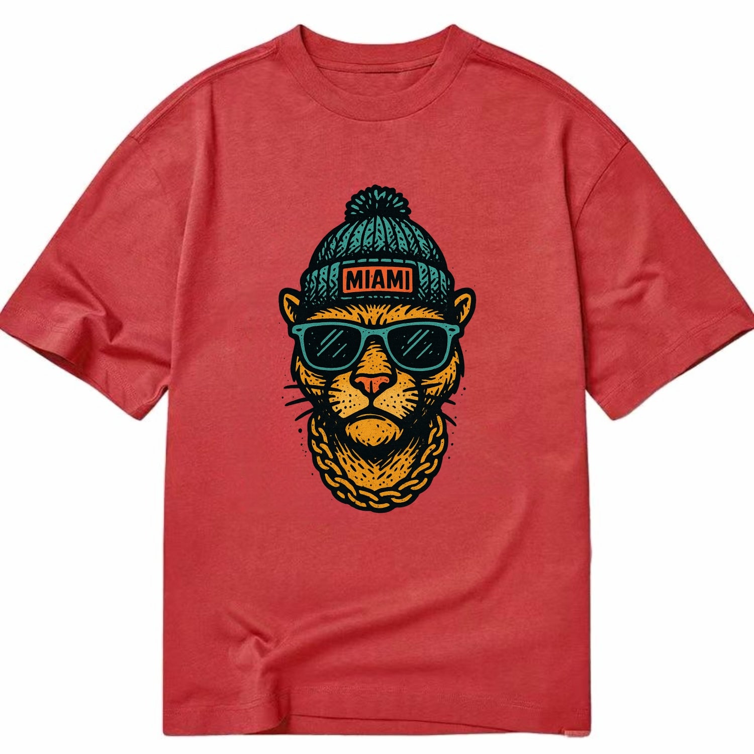 Florida Panther wearing Miami beanie with pom pom and wayfarer sunglasses - Classic T-shirt - Red