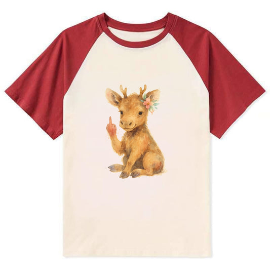 baby moose with adorable tiny antlers, one hoof raised in attitude - Contrast Raglan T-shirt - Red