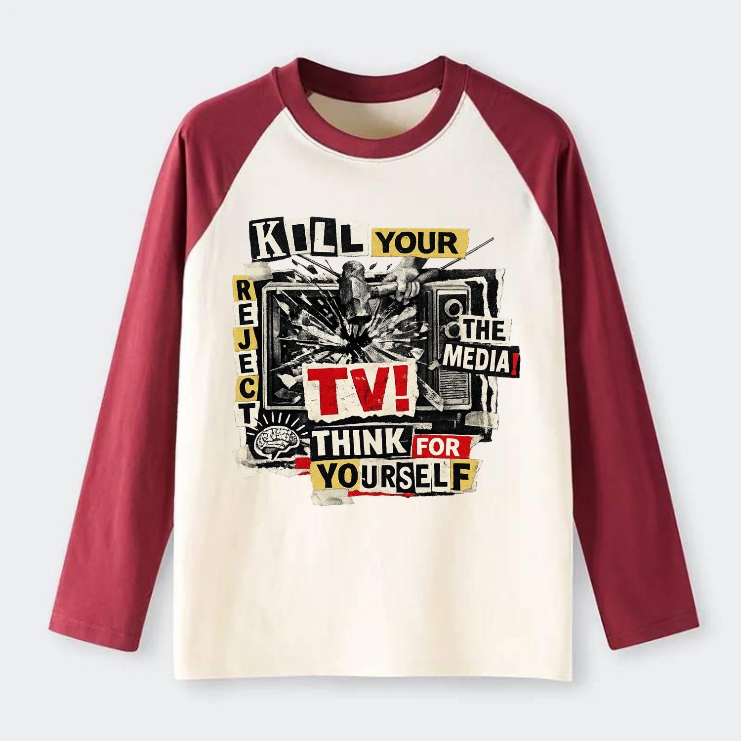KILL YOUR TV | Smashed television | Reject media | Think for yourself - Raglan Long Sleeve T-Shirt - Red