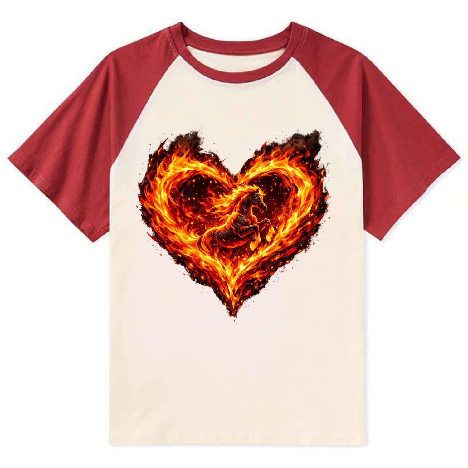 HEART OF FIRE | Flaming heart with horse silhouette inside | Passion - Contrast Raglan T-shirt - Red