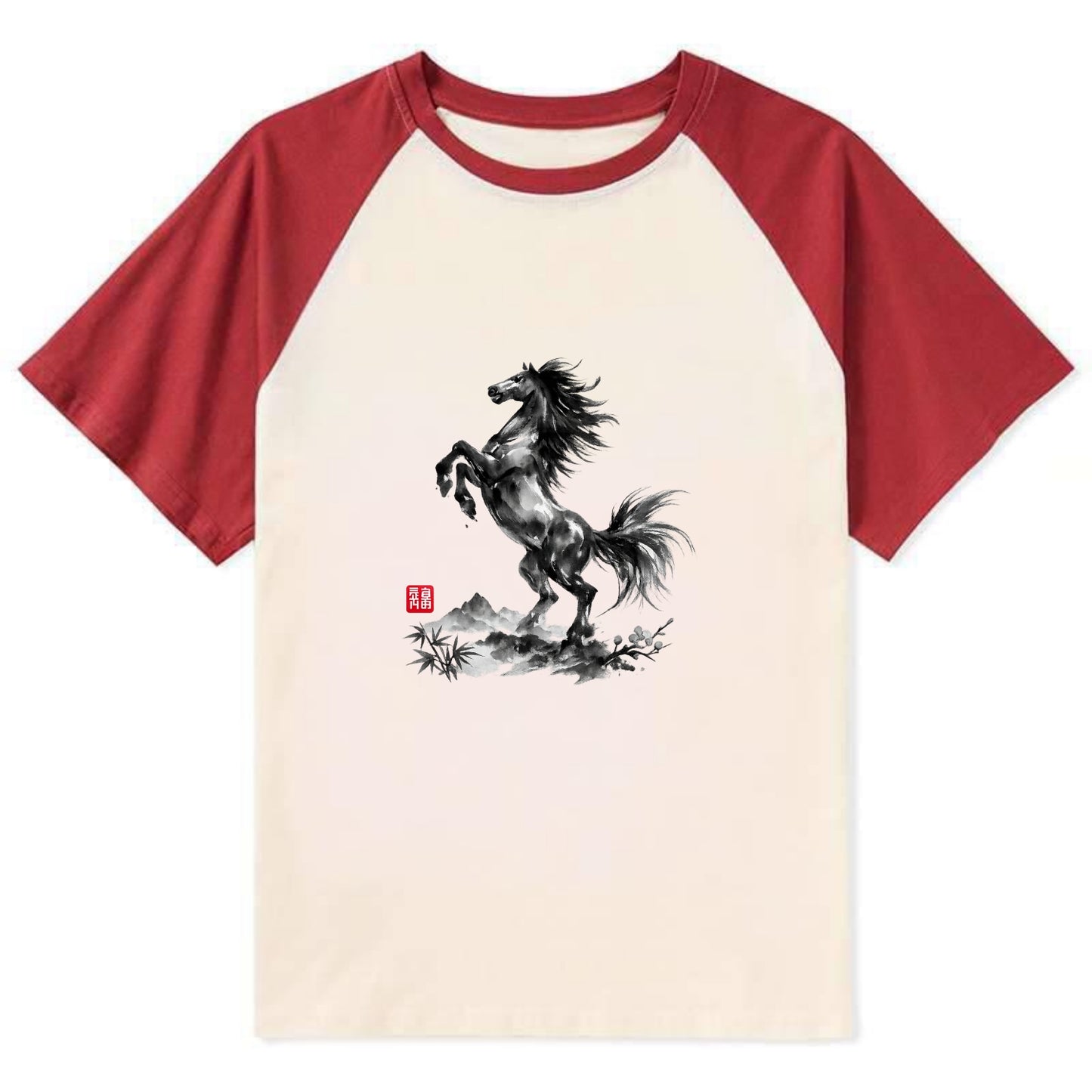 WILD STALLION | Powerful stallion rearing up | Windswept mane and tail | - Contrast Raglan T-shirt - Red