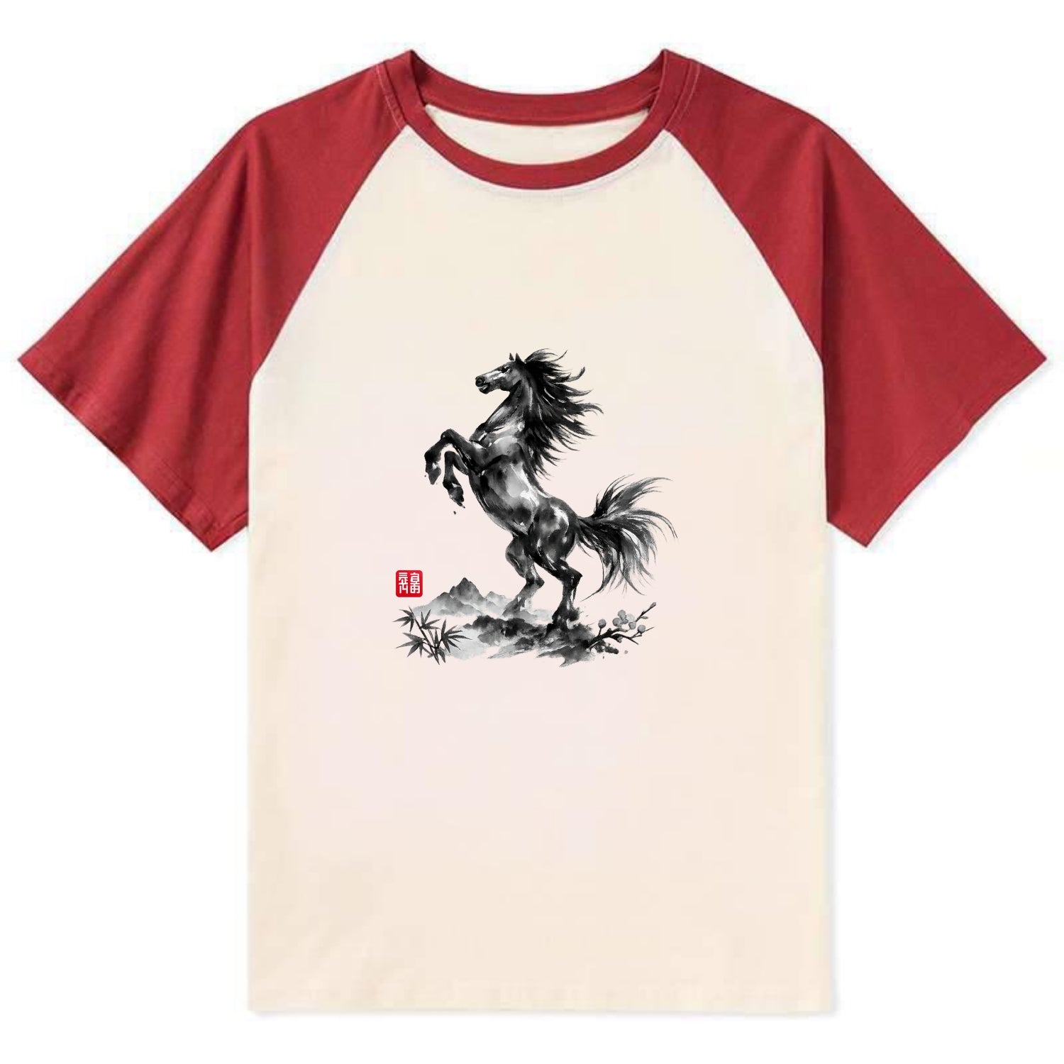 WILD STALLION | Powerful stallion rearing up | Windswept mane and tail | - Contrast Raglan T-shirt - Red