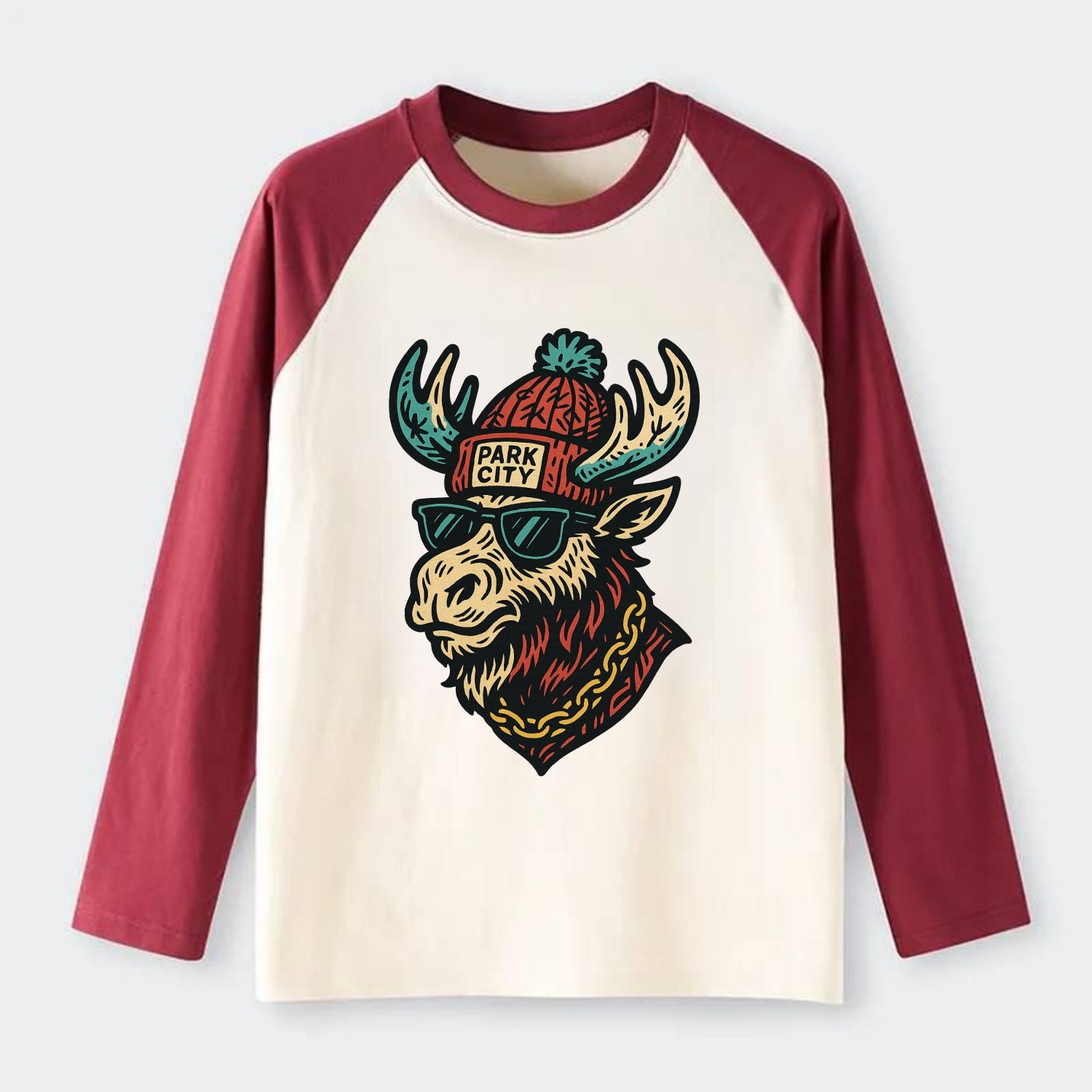 Park City Moose wearing Park City beanie with pom pom and wayfarer - Raglan Long Sleeve T-Shirt - Red