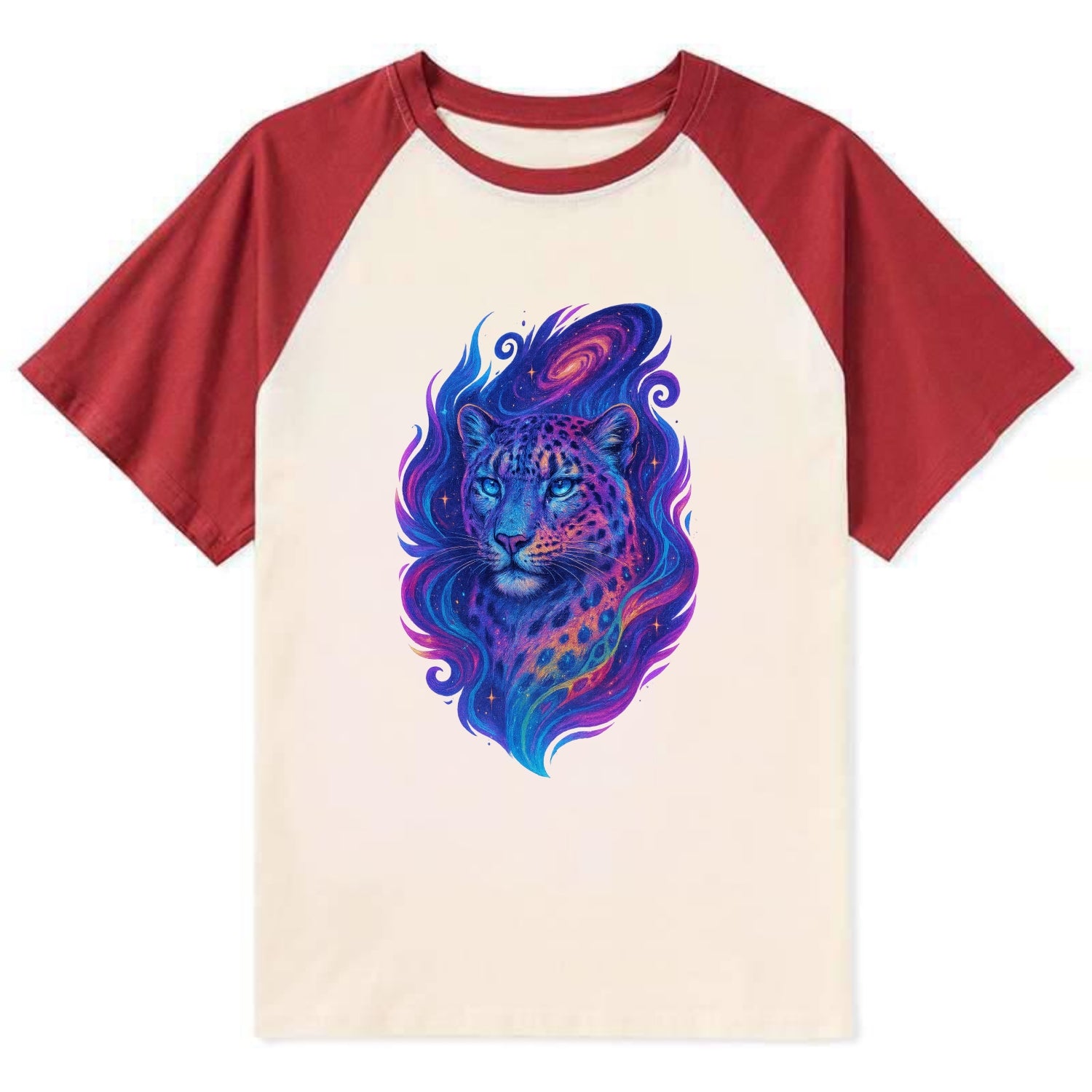 Majestic snow leopard with rainbow gradient spots, crystalline flowing - Contrast Raglan T-shirt - Red