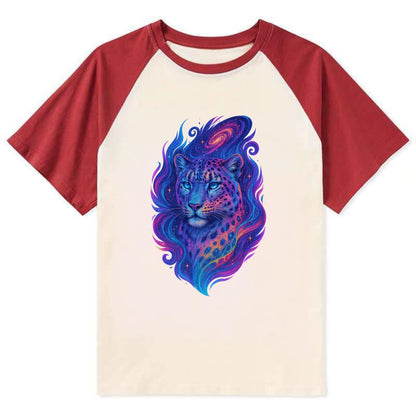 Majestic snow leopard with rainbow gradient spots, crystalline flowing - Contrast Raglan T-shirt - Red