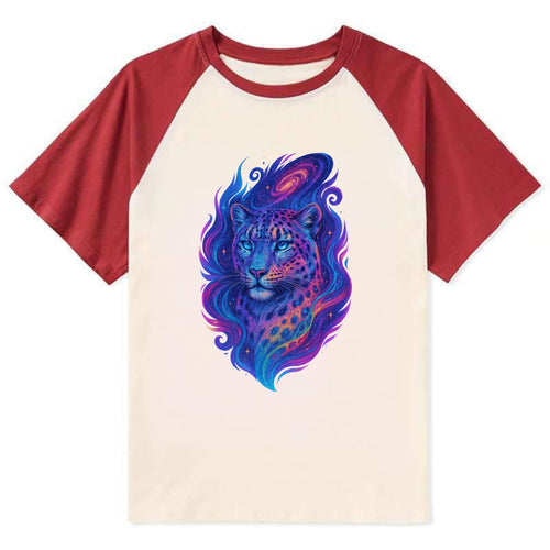 Majestic snow leopard with rainbow gradient spots, crystalline flowing - Contrast Raglan T-shirt