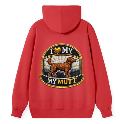 I LOVE MY MUTT - mixed breed silhouette in brown , rescue pride - Classic Pullover Hoodie - Red