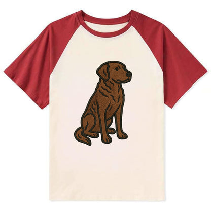 Chesapeake Bay Retriever - Brown wavy coat embroidered sitting pose - Contrast Raglan T-shirt - Red