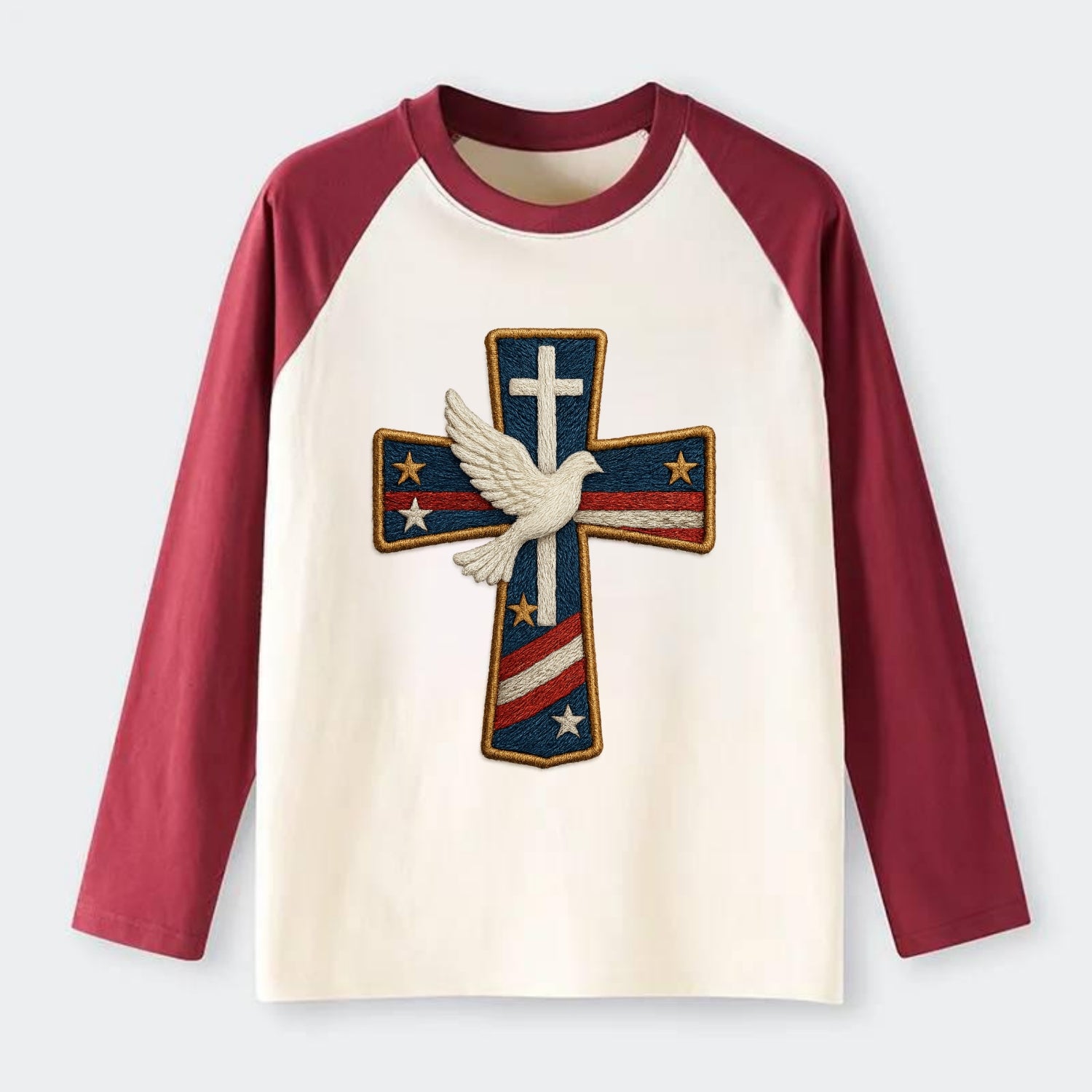 Dove and Cross  - Raglan Long Sleeve T-Shirt - Red