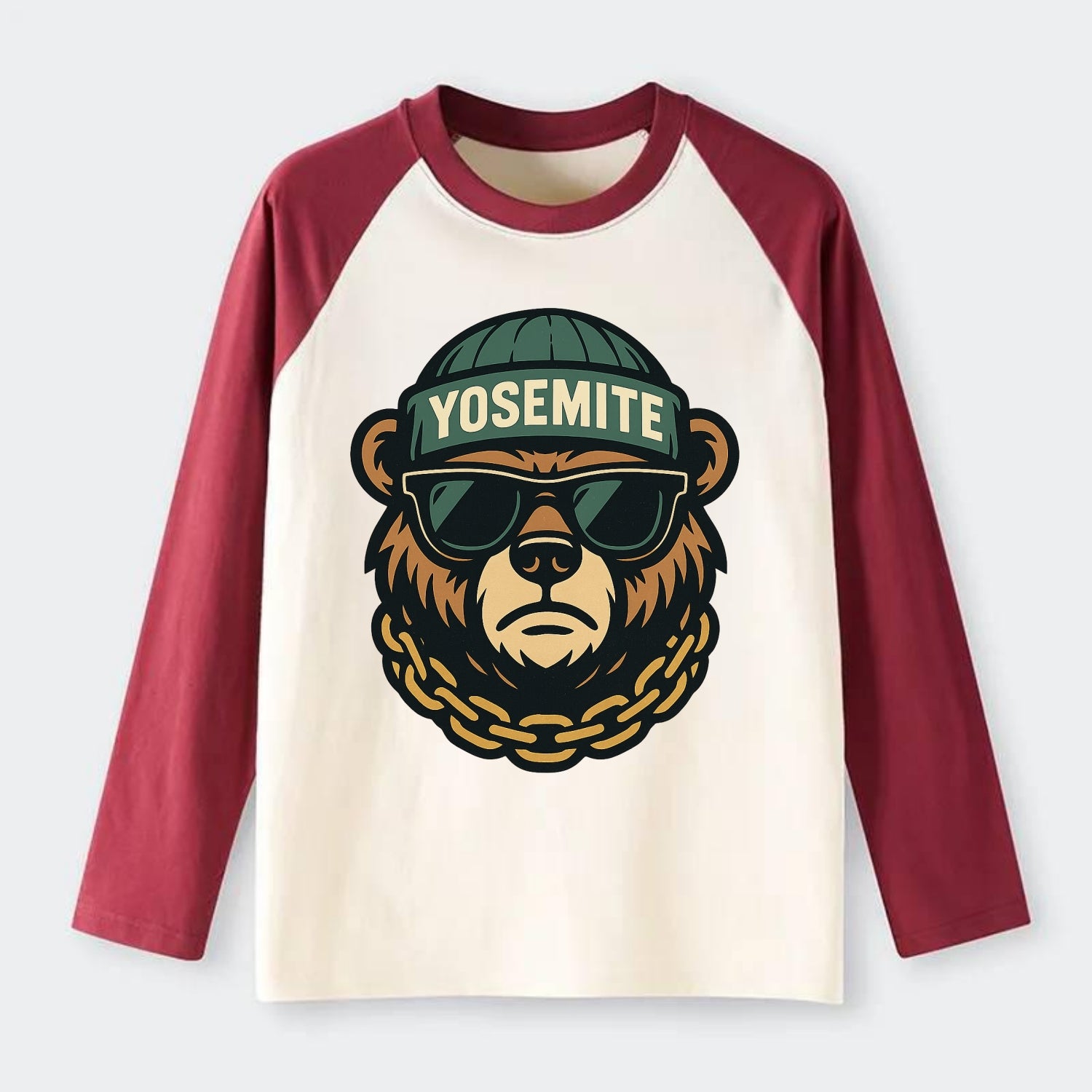 Yosemite Bear - Raglan Long Sleeve T-Shirt - Red