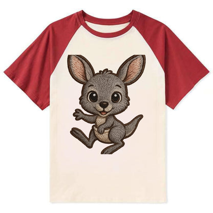 Baby Kangaroo Joey - gray fur, large ears, in pouch peek, bright eyes, - Contrast Raglan T-shirt - Red
