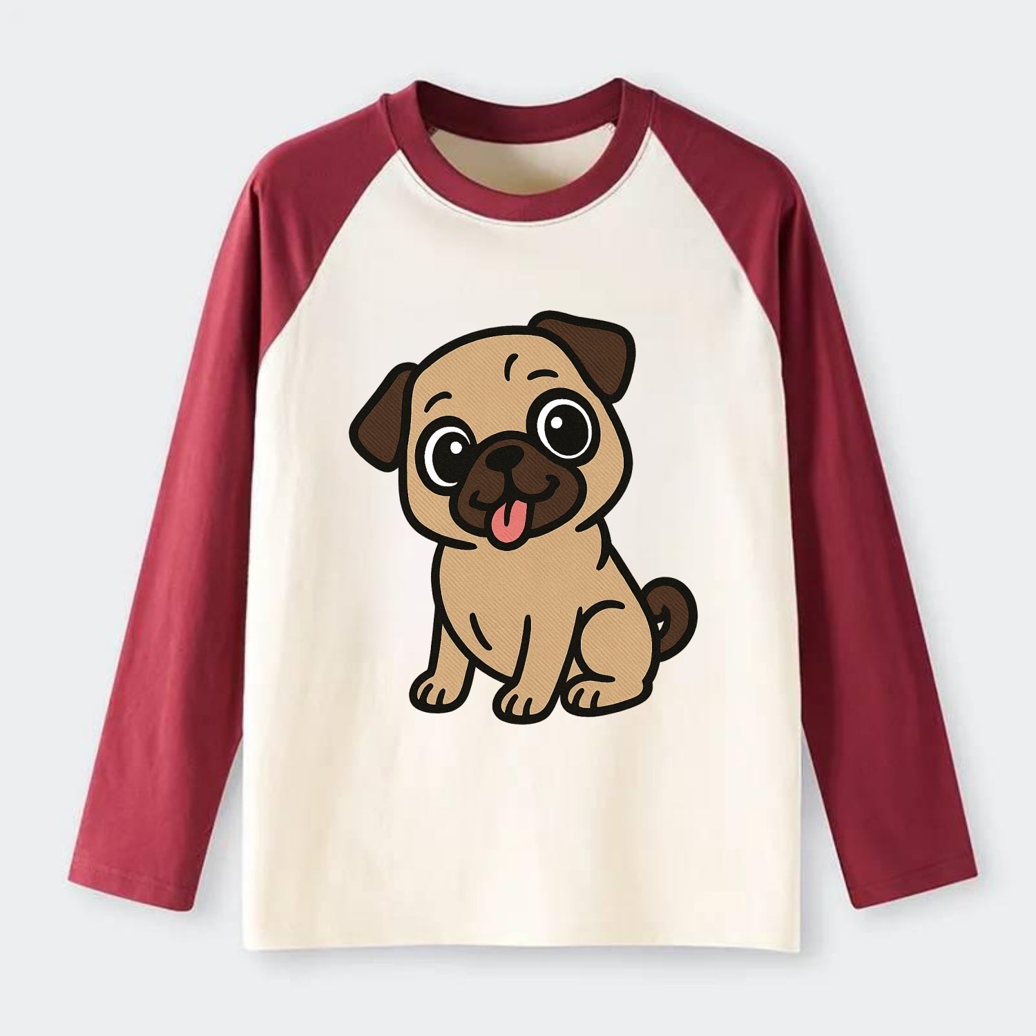 Pug - Tilted head with tongue out - Raglan Long Sleeve T-Shirt - Red