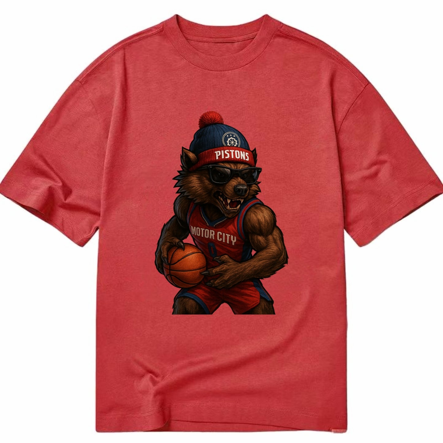 Motor City Wolverine wearing Pistons beanie with gear patch and wayfarer - Classic T-shirt - Red