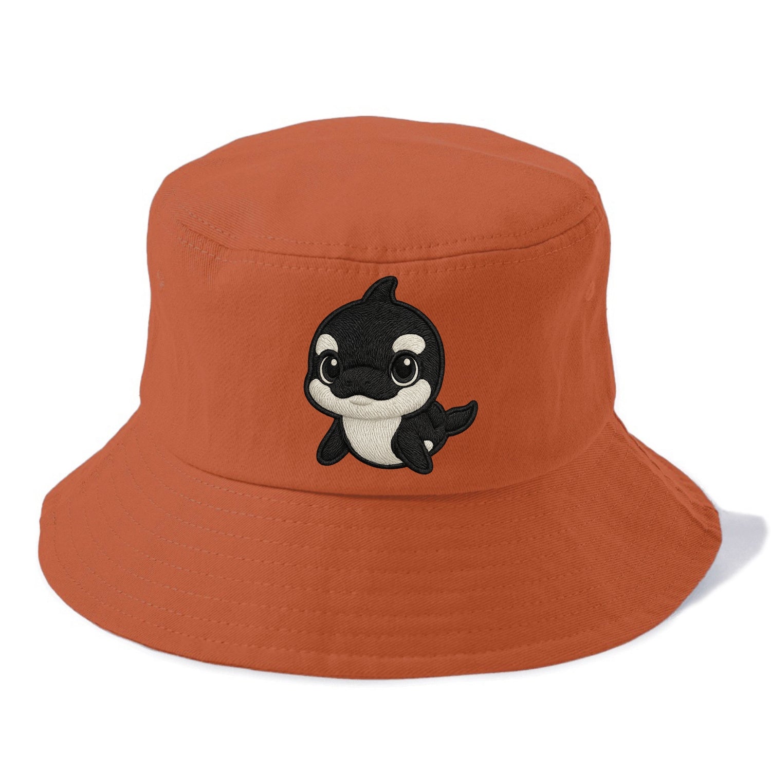 Baby Orca - black and white pattern, white eye patch, front-facing, curious and - Bucket Hat - Red