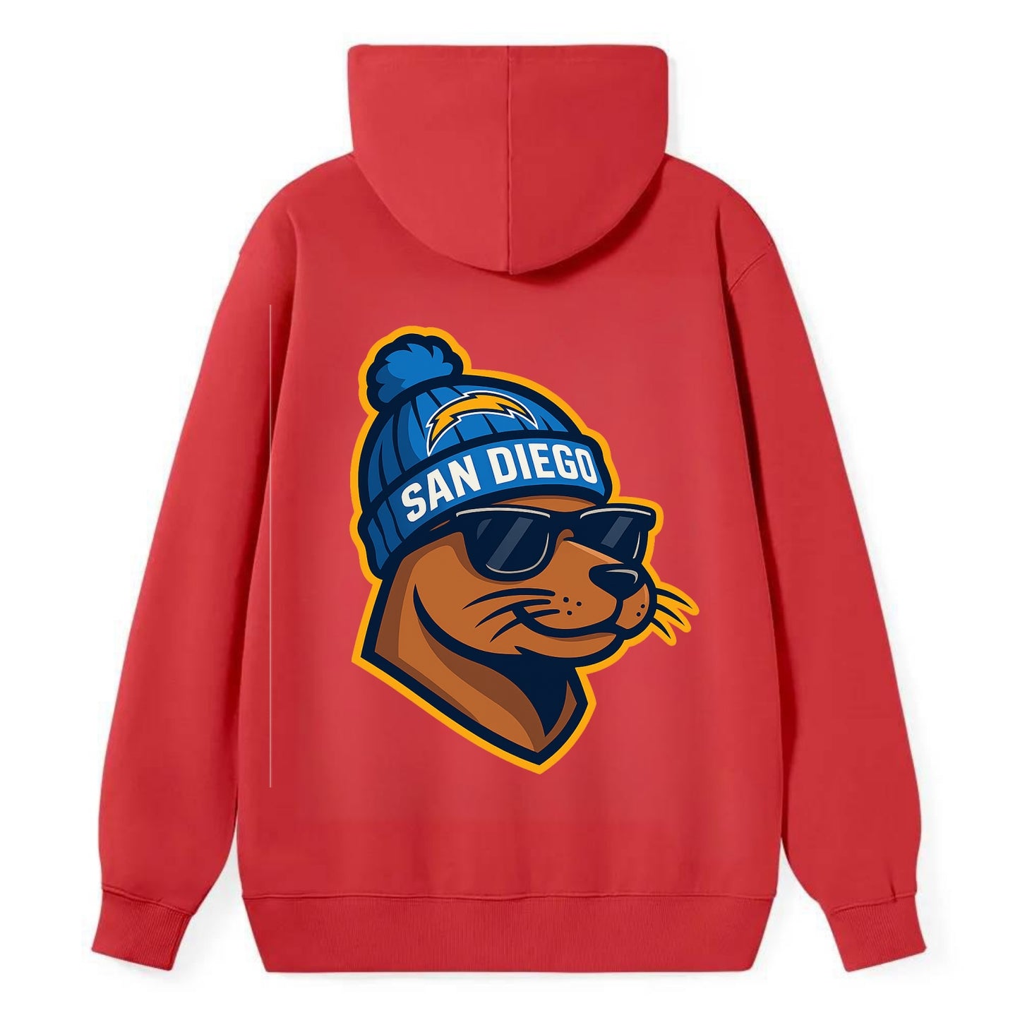 San Diego Sea Lion wearing Chargers beanie with bolt patch and wayfarer - Classic Pullover Hoodie - Red