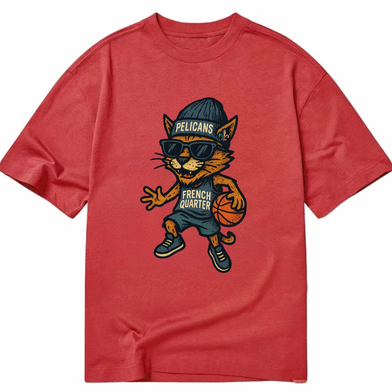 French Quarter Cat wearing Pelicans beanie with Mardi Gras patch and wayfarer - Classic T-shirt - Red