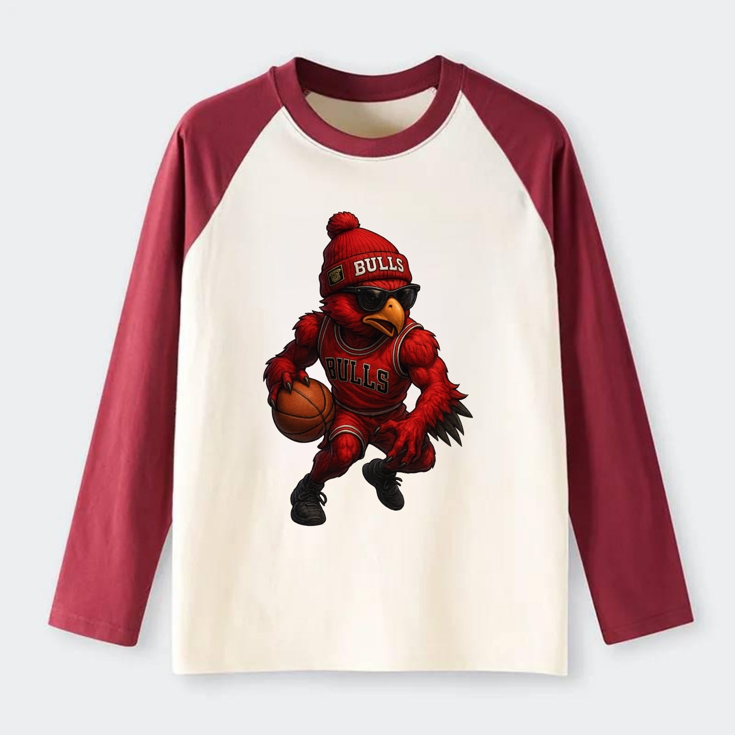 Windy City Hawk wearing Bulls beanie with six rings patch and wayfarer - Raglan Long Sleeve T-Shirt - Red