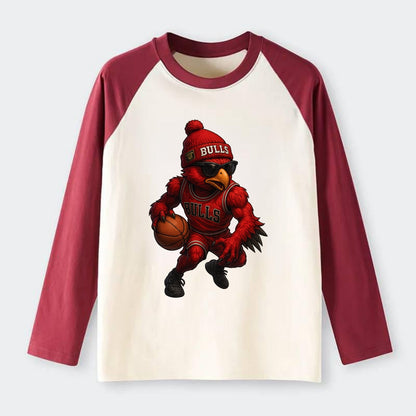 Windy City Hawk wearing Bulls beanie with six rings patch and wayfarer - Raglan Long Sleeve T-Shirt - Red