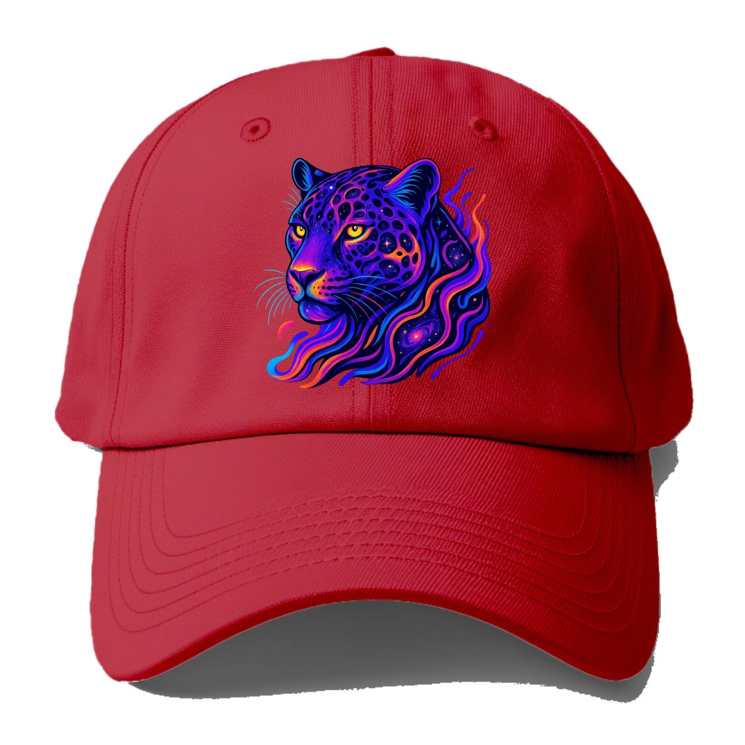Powerful jaguar with rosettes containing miniature galaxies, cosmic purple and - Baseball Cap - Red