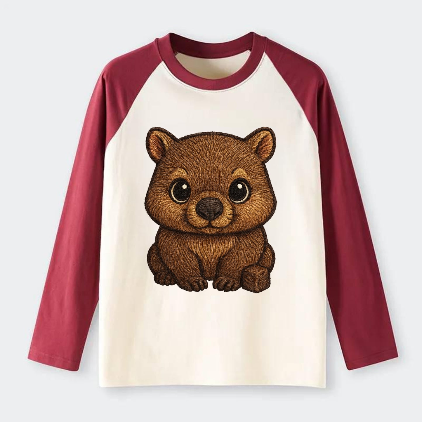 Baby Wombat - brown fur, square nose, small ears, dark eyes, - Raglan Long Sleeve T-Shirt - Red