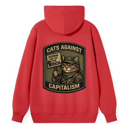 CATS AGAINST CAPITALISM - cat with protest sign in red , political cat - Classic Pullover Hoodie - Red