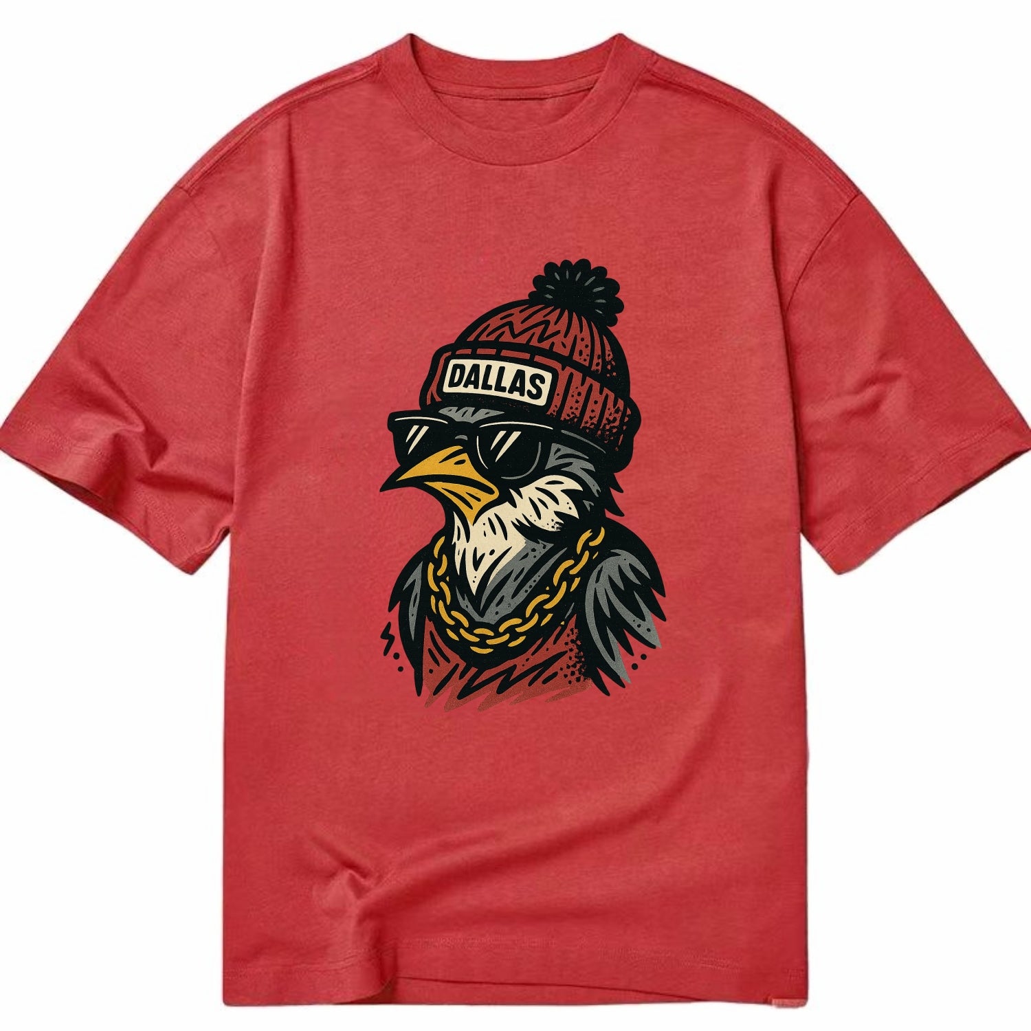 Dallas Mockingbird wearing Dallas beanie with pom pom and wayfarer sunglasses - Classic T-shirt - Red