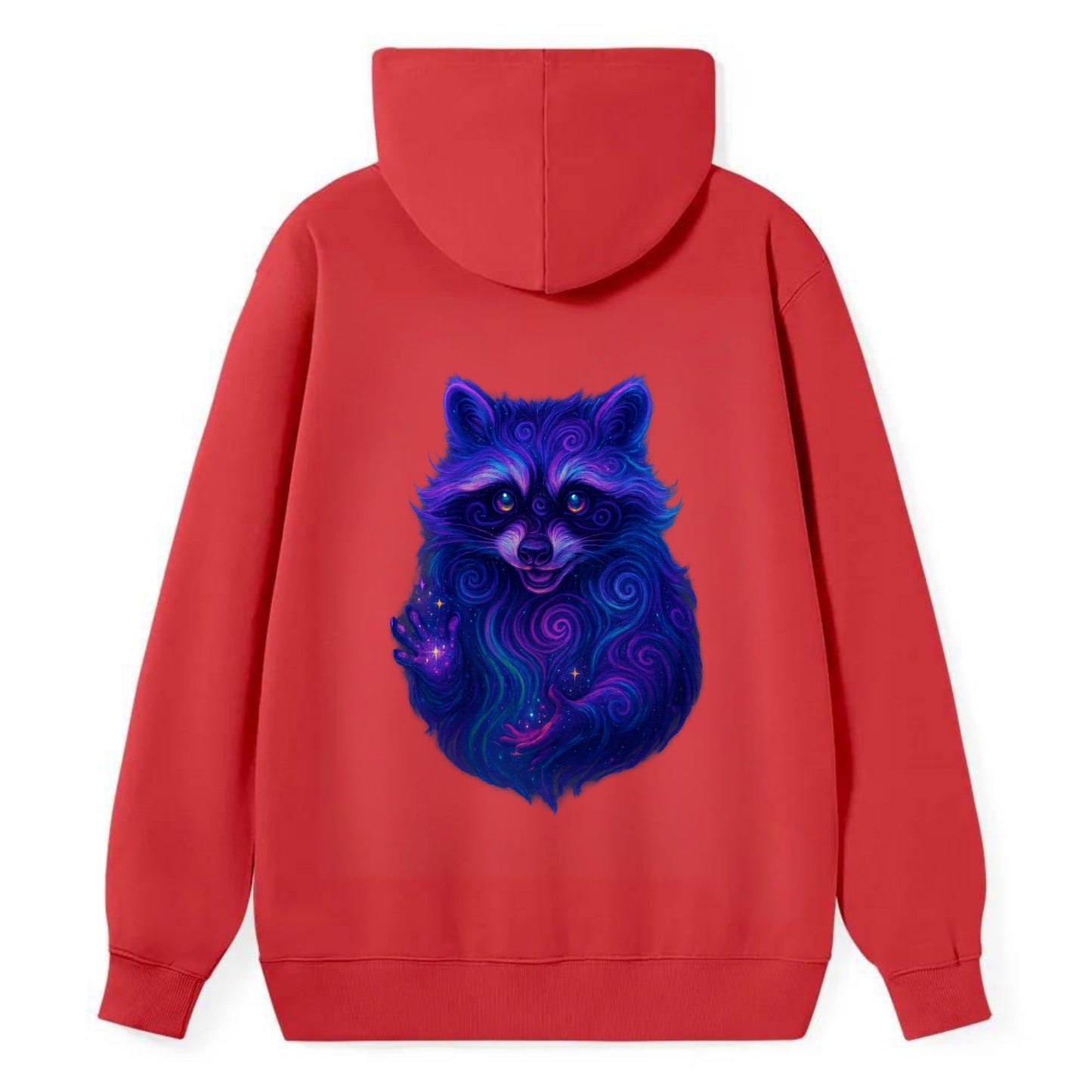 Playful raccoon with mask swirling in hypnotic patterns, neon purple and - Classic Pullover Hoodie - Red