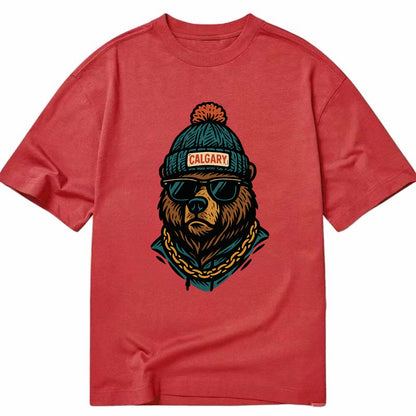 Calgary Grizzly Bear wearing Calgary beanie with pom pom and wayfarer sunglasses - Classic T-shirt - Red