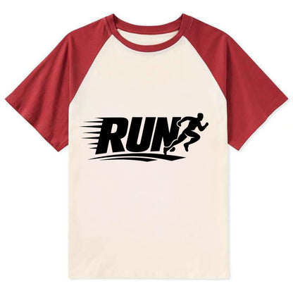 Bold typography design - "RUN" - cardio life, runner identity - Contrast Raglan T-shirt - Red