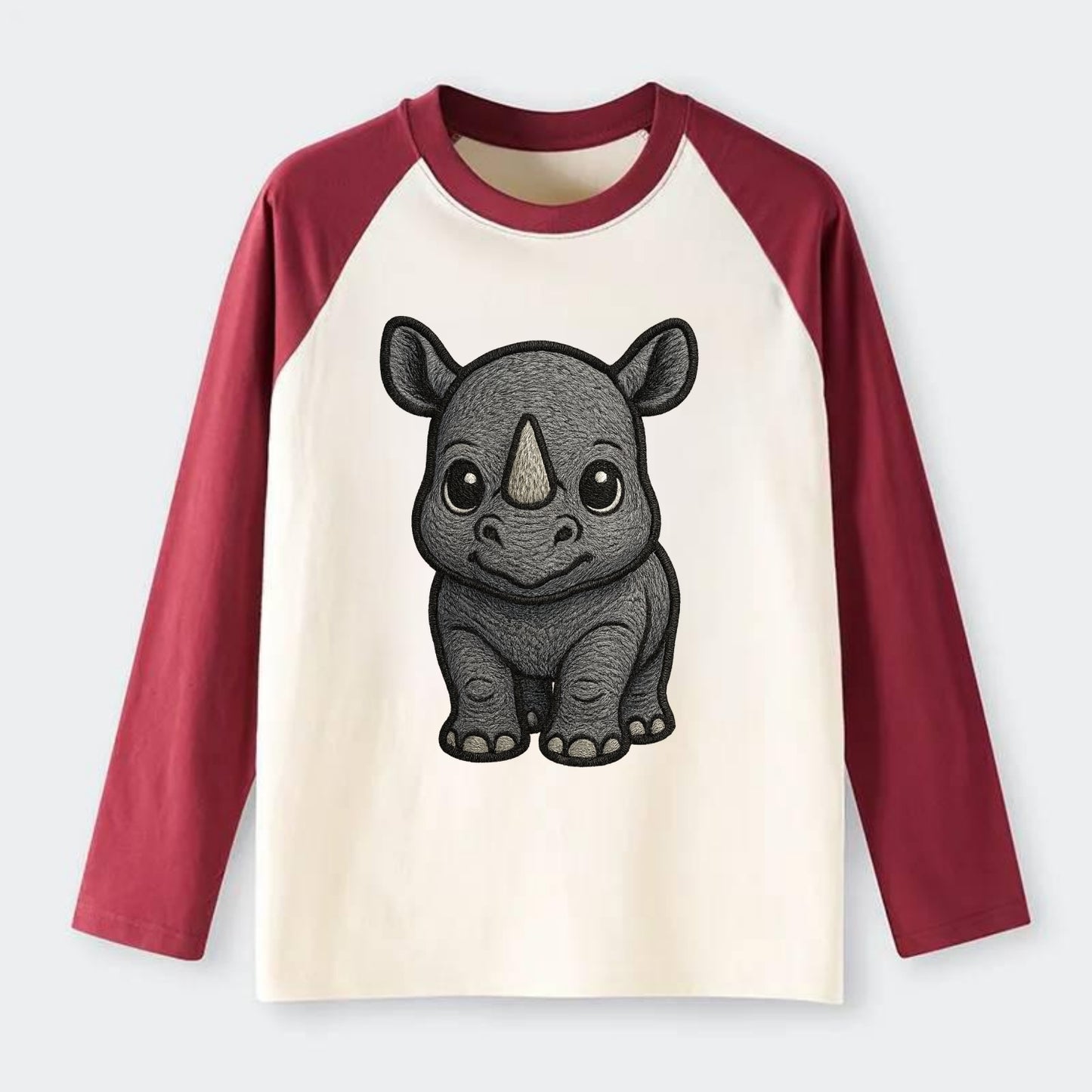 Baby Rhino - gray armor skin, tiny horn nub, round eyes, front-facing, - Raglan Long Sleeve T-Shirt - Red