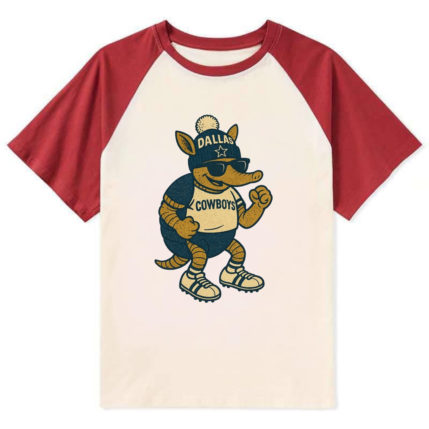 Dallas Armadillo wearing Cowboys beanie with lone star patch and wayfarer - Contrast Raglan T-shirt - Red