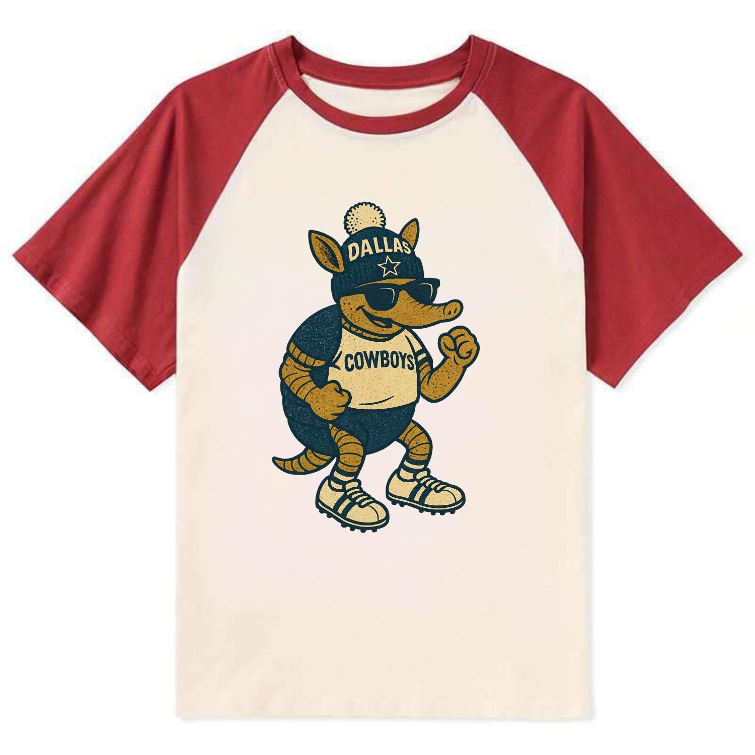 Dallas Armadillo wearing Cowboys beanie with lone star patch and wayfarer - Contrast Raglan T-shirt - Red