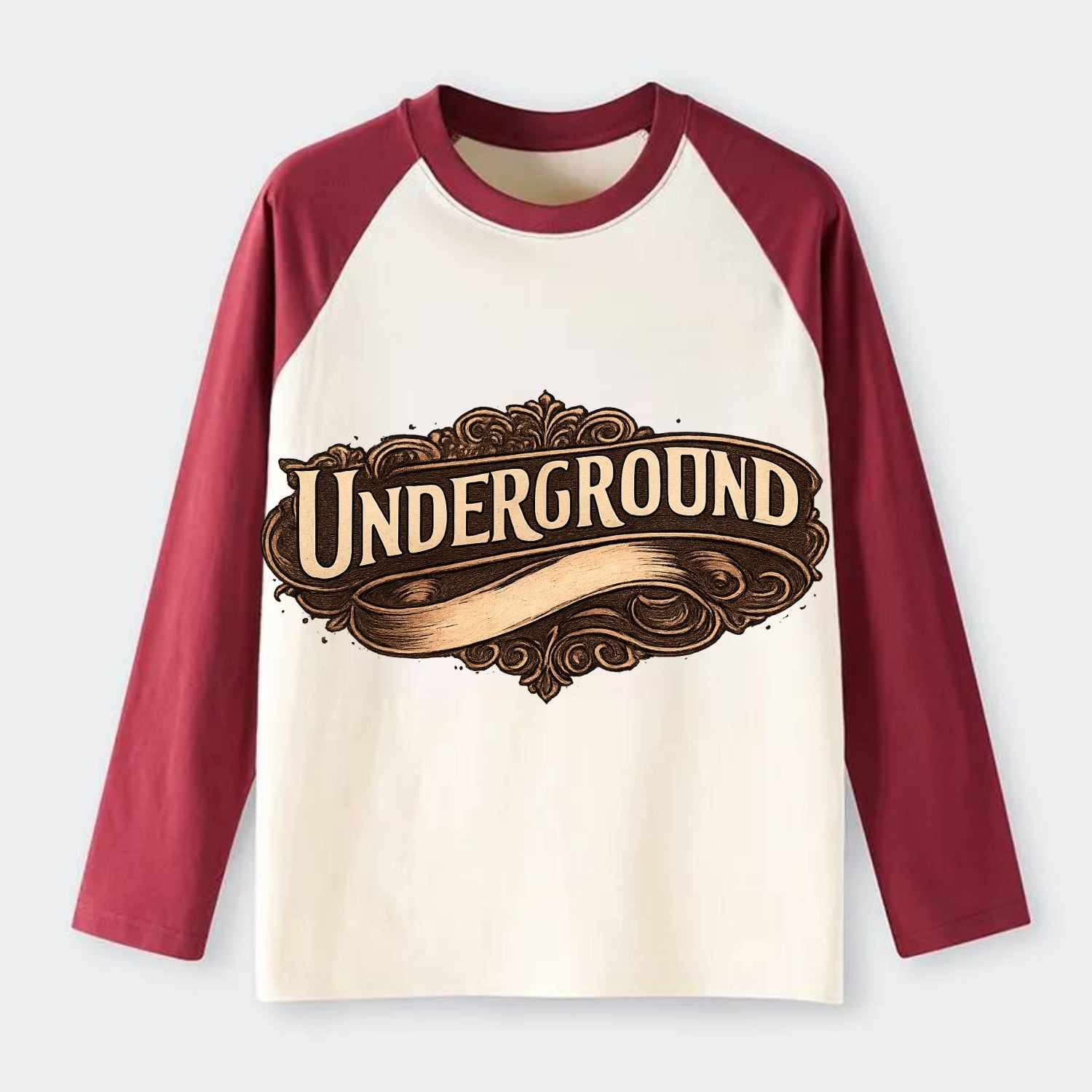 Bold typography design - "UNDERGROUND" - hidden scene, alternative - Raglan Long Sleeve T-Shirt - Red
