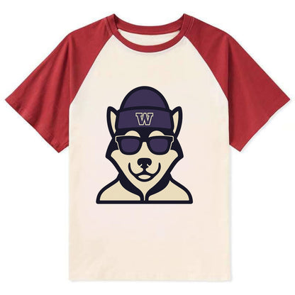 Seattle Husky wearing Washington beanie with W patch - Contrast Raglan T-shirt - Red