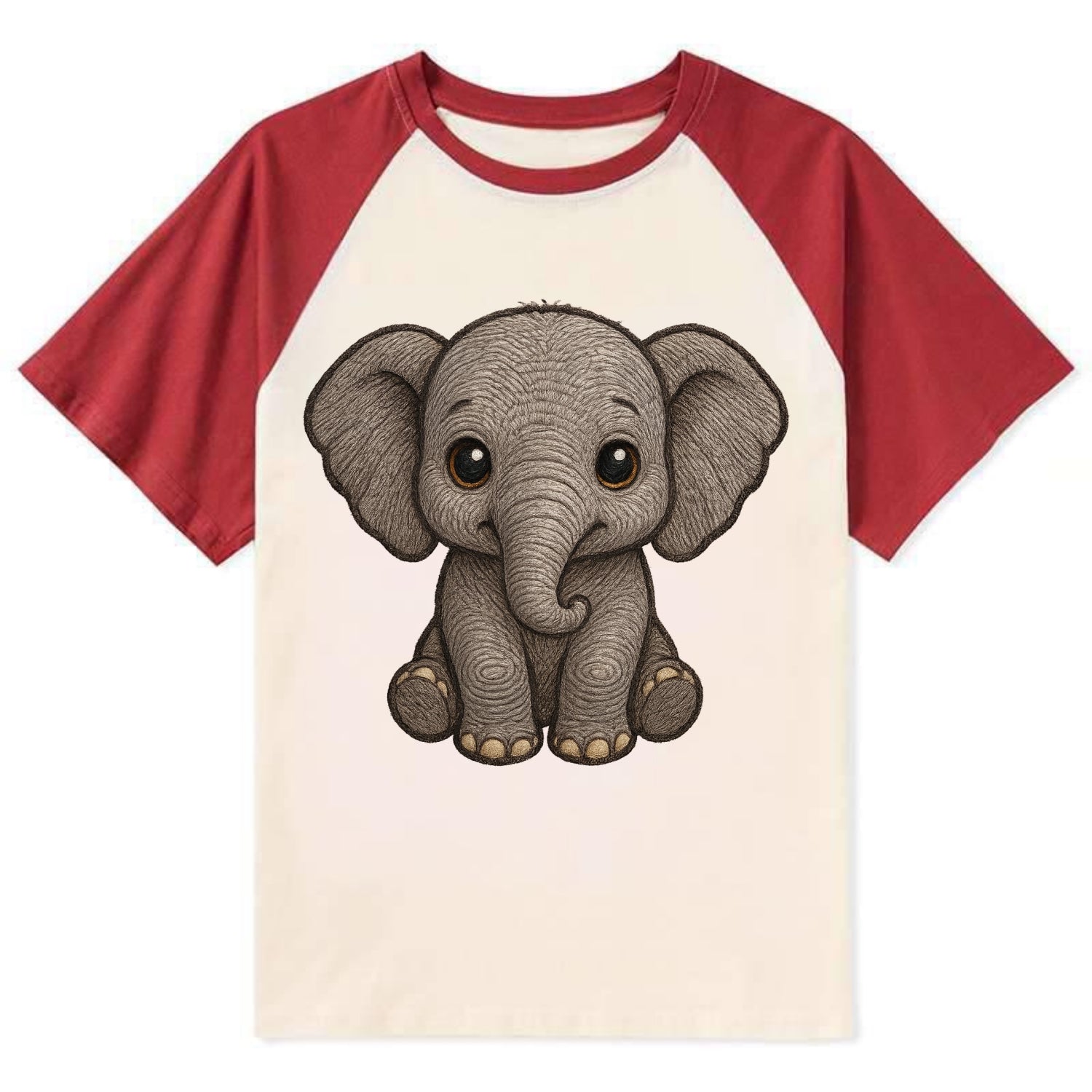Baby Elephant - gray wrinkly, tiny trunk, large floppy ears, kind dark - Contrast Raglan T-shirt - Red