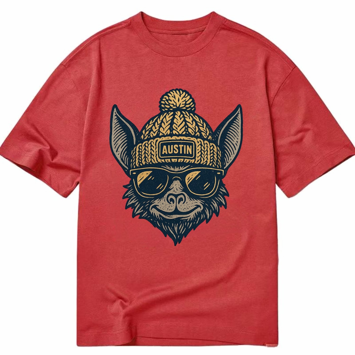 Austin Bat wearing Austin beanie with pom pom and wayfarer sunglasses - Classic T-shirt - Red