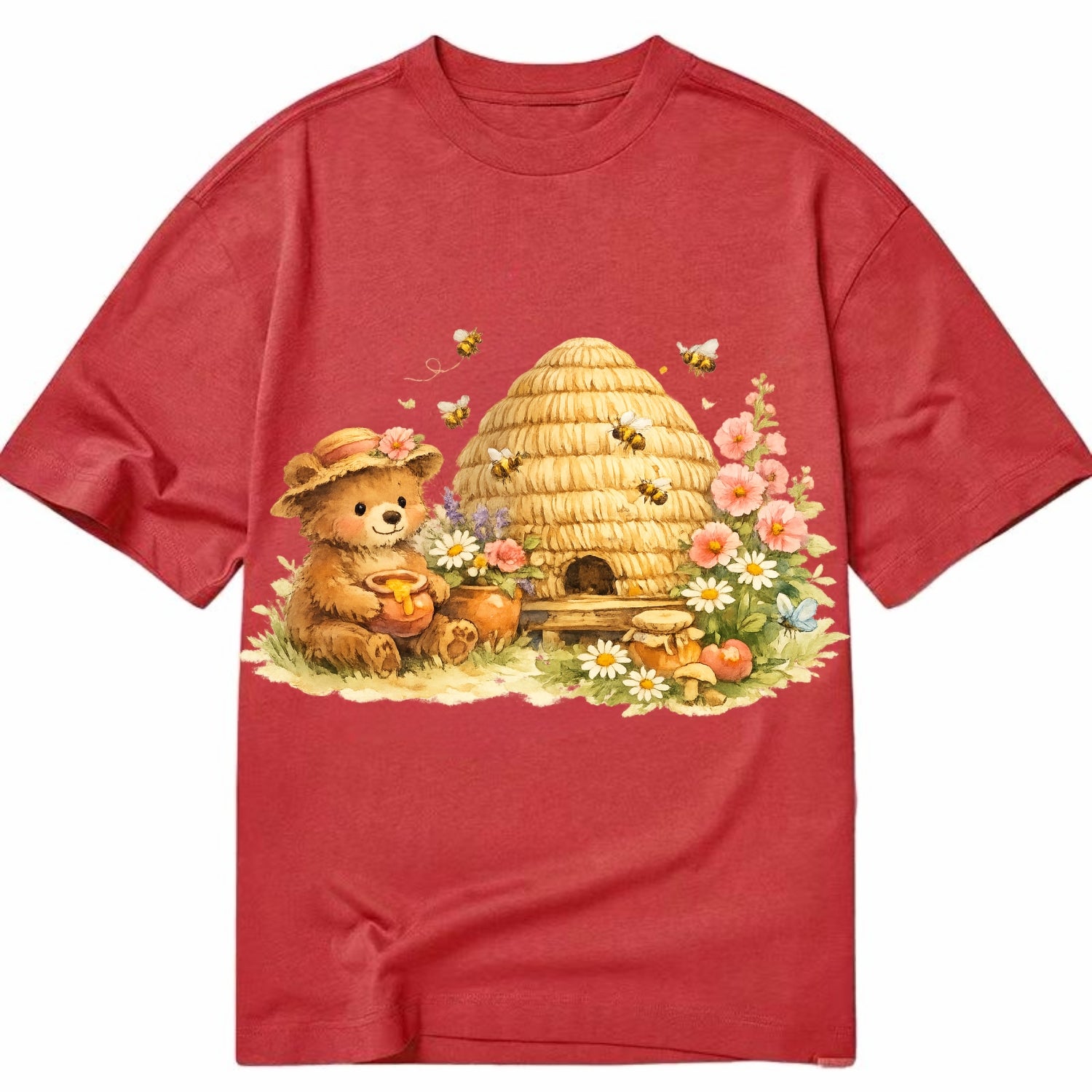 SKEP HIVE | Traditional straw beehive | Cottage garden setting | Buzzing activity - Classic T-shirt - Red