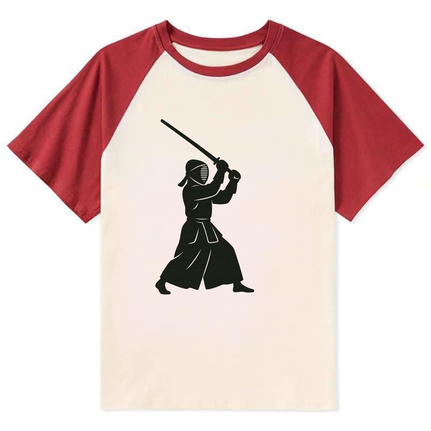 Kendo swordsman in striking stance - Contrast Raglan T-shirt - Red