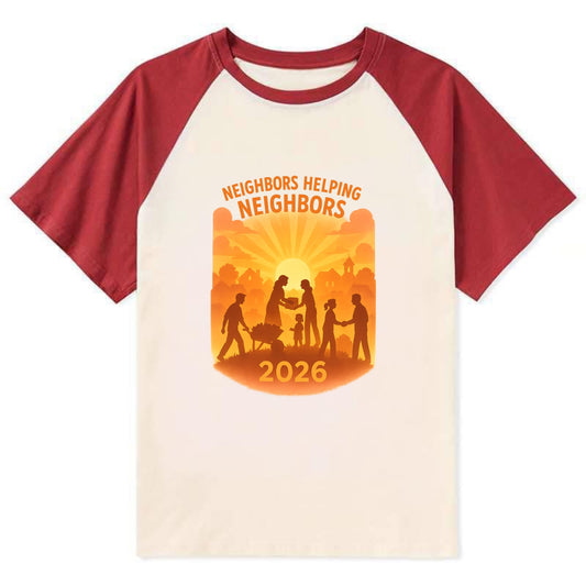 Local communities thriving with shared resources - "Neighbors Helping - Contrast Raglan T-shirt - Red